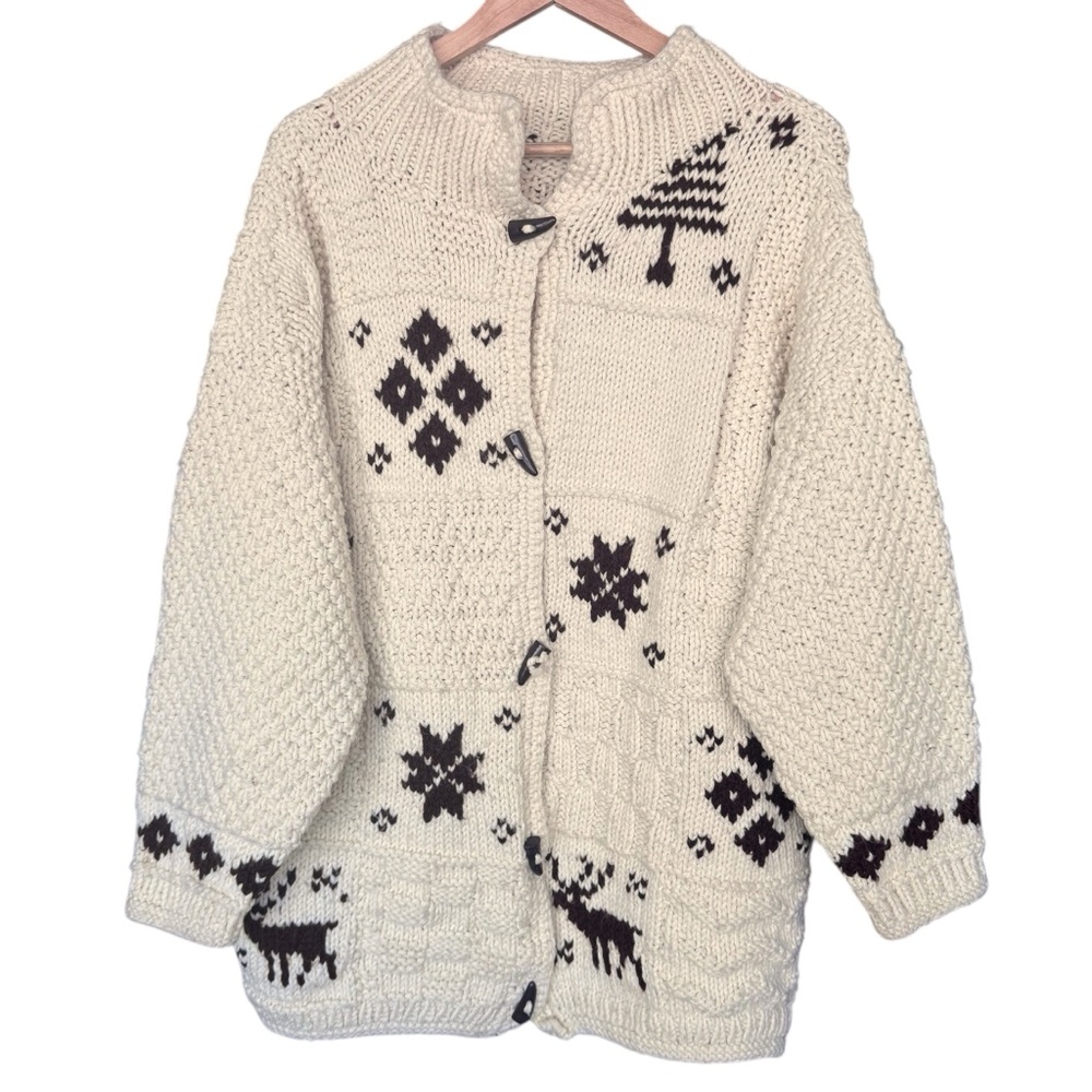Vintage Chunky Cable Knit Wool Stretchy Cardigan Sweater Moose Elk Tree Collar